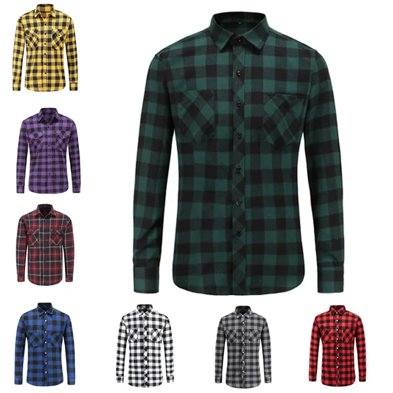 Men's Long Sleeve Plaid Shirt - Double Pocket Casual Button-Up Cardigan