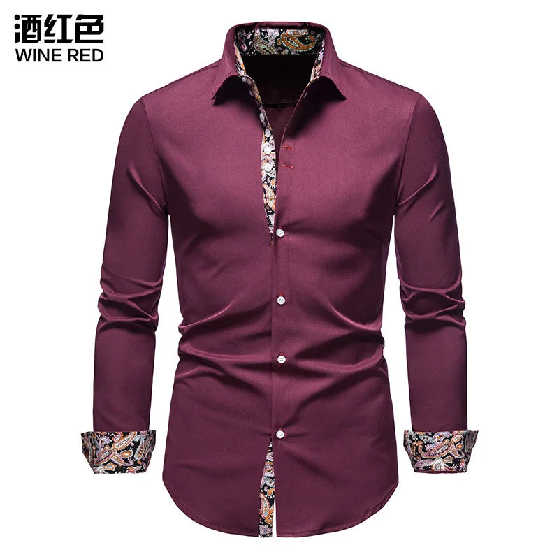 Men's Court Style Formal Shirt - Floral Patchwork Long Sleeve Lapel Casual Shirt