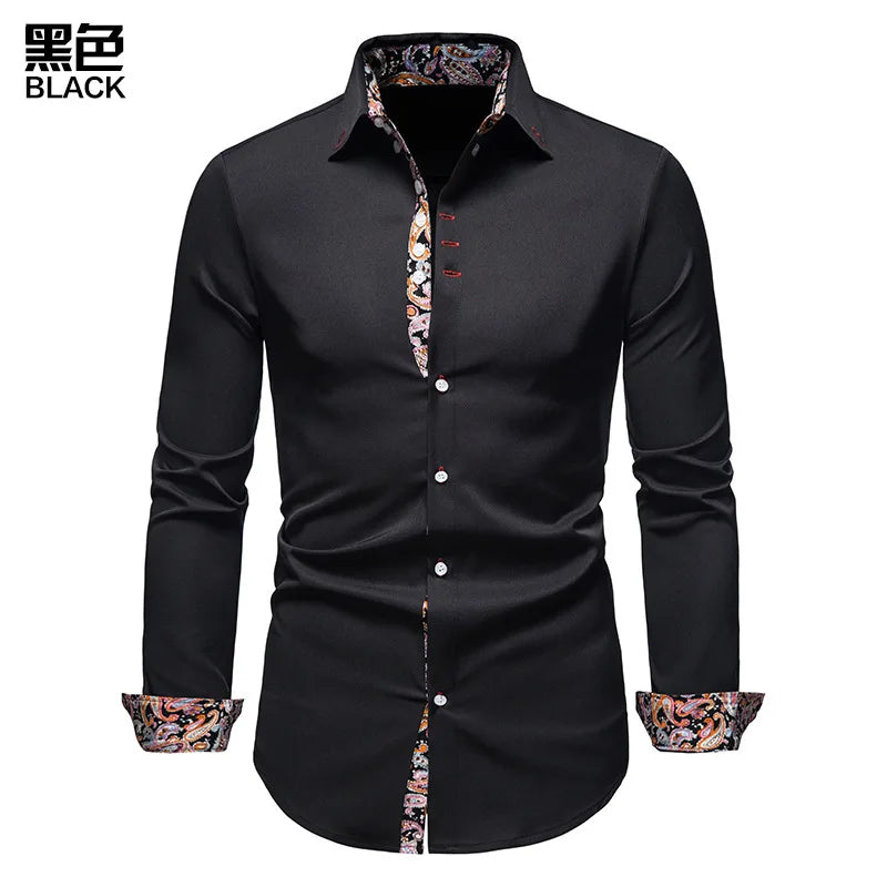 Men's Court Style Formal Shirt - Floral Patchwork Long Sleeve Lapel Casual Shirt