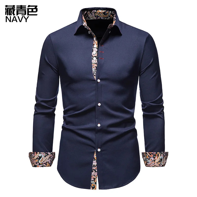 Men's Court Style Formal Shirt - Floral Patchwork Long Sleeve Lapel Casual Shirt