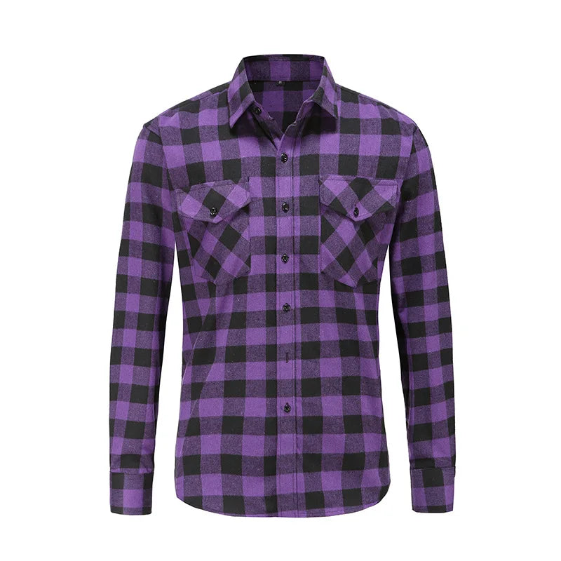 Men's Long Sleeve Plaid Shirt - Double Pocket Casual Button-Up Cardigan
