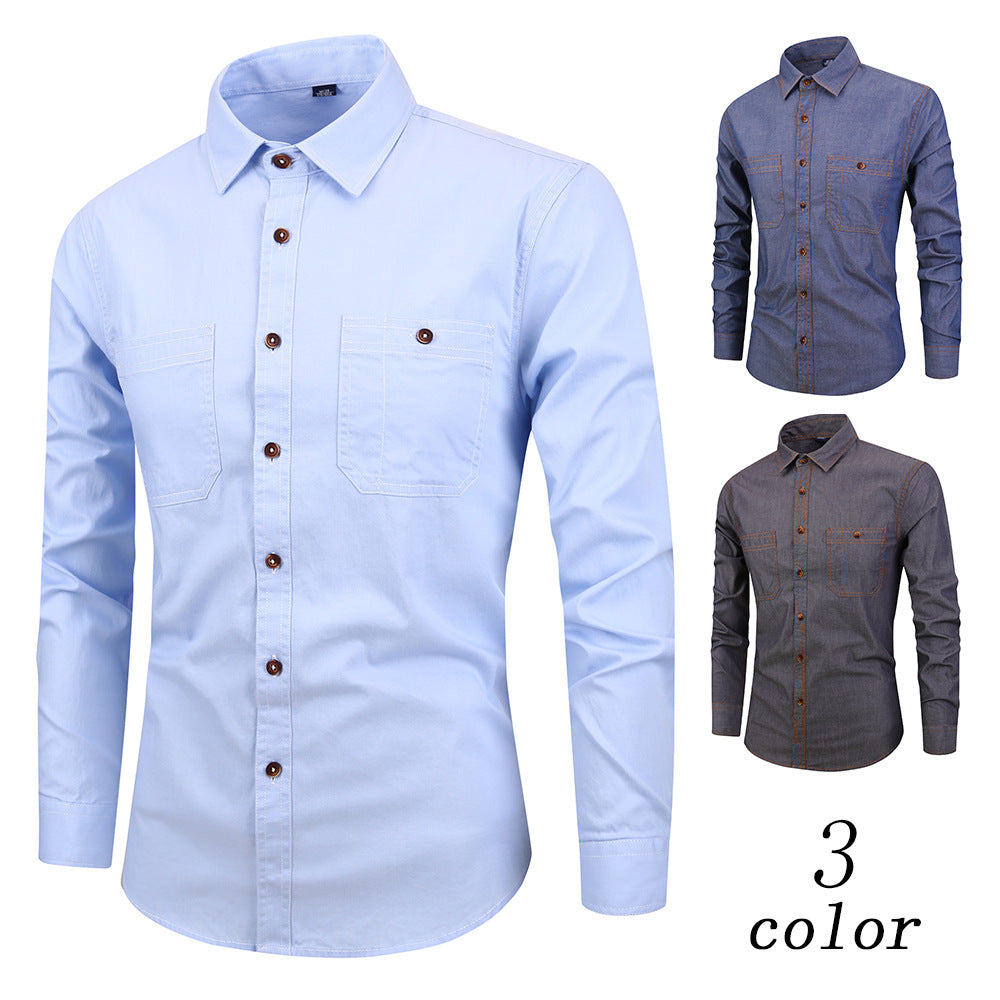 Men's Denim Long Sleeve Shirt - Wrinkle-Free Cotton Casual Button Down