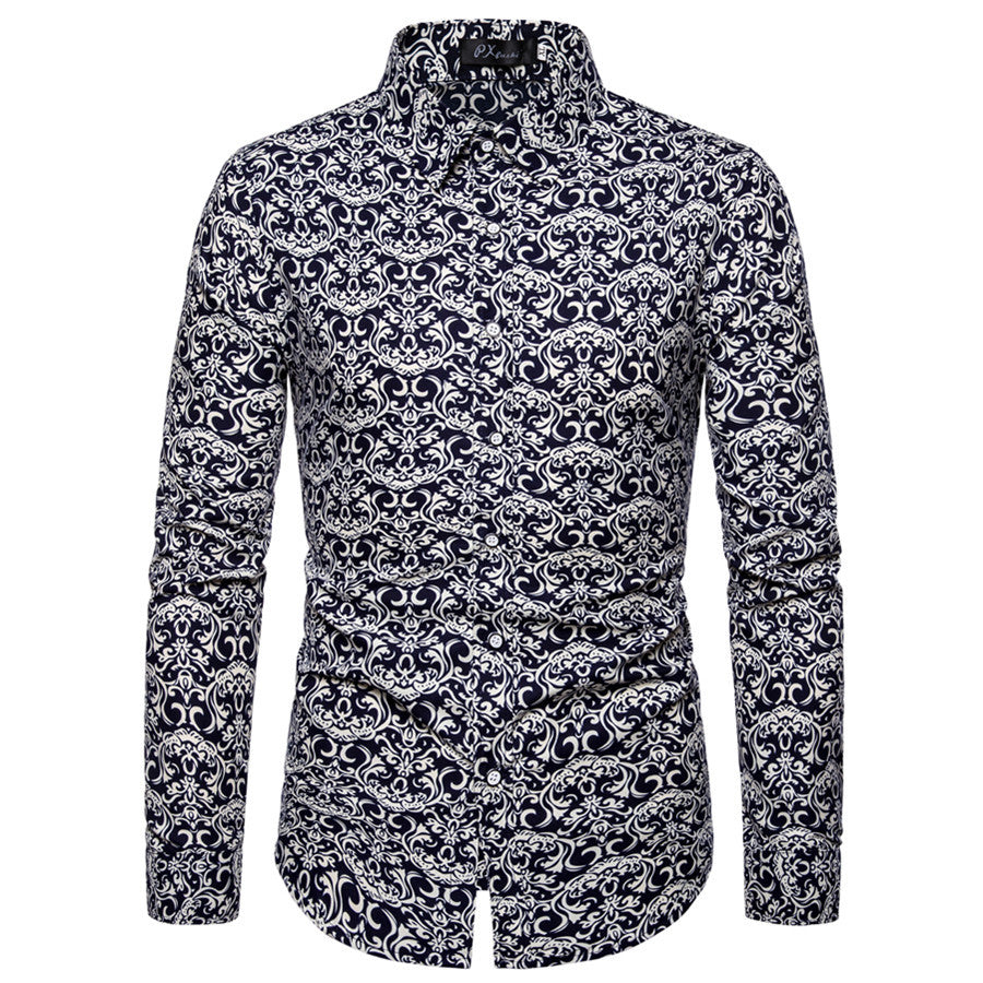 Men's Floral Print Shirt - Long Sleeve Korean Style Plus Size