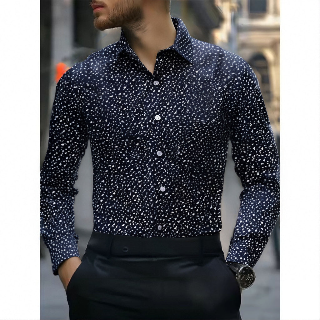 Men's Print Lapel Collar Shirt - Long Sleeve Relaxed Fit Casual Shirt