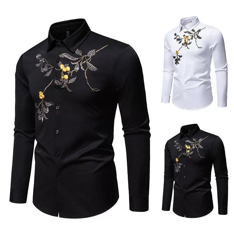 Men's Floral Embroidered Shirt - Long Sleeve Business Casual