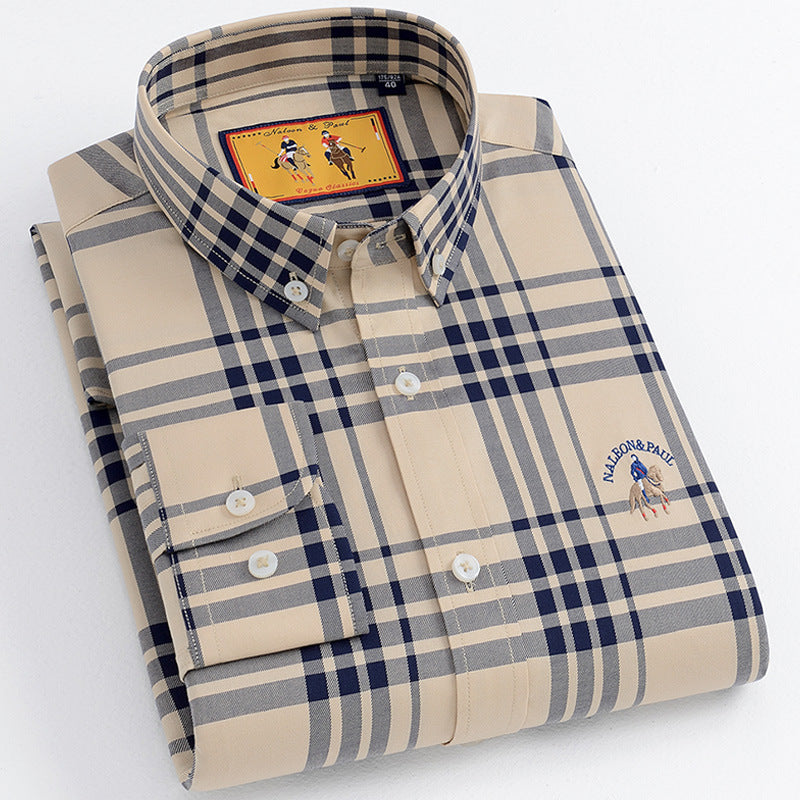 Men's Washed Cotton Plaid Long Sleeve Shirt - Classic Button Down
