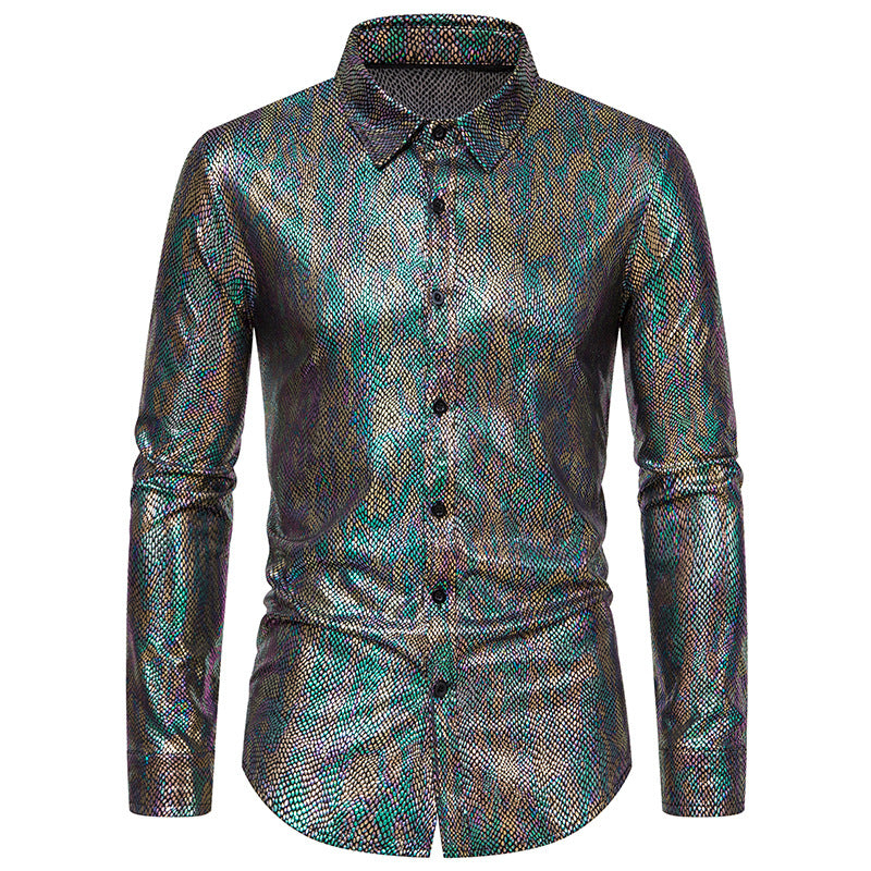 Men's Snakeskin Print Metallic Shirt - Long Sleeve Stage Performance Shirt