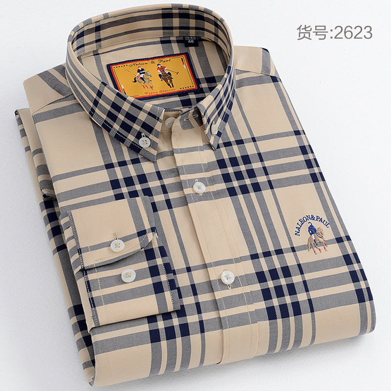 Men's Washed Cotton Plaid Long Sleeve Shirt - Classic Button Down
