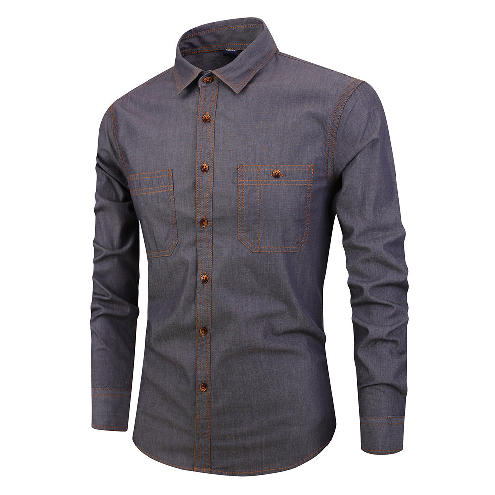 Men's Denim Long Sleeve Shirt - Wrinkle-Free Cotton Casual Button Down