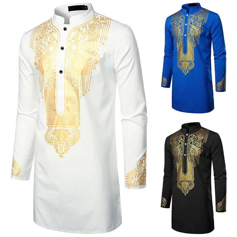 Men's African Totem Print Shirt - Long Sleeve Ethnic Pattern by Global Dress Shirts