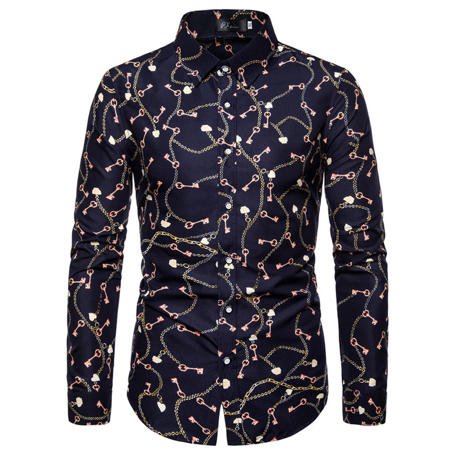 Men's Floral Print Shirt - Long Sleeve Korean Style Plus Size