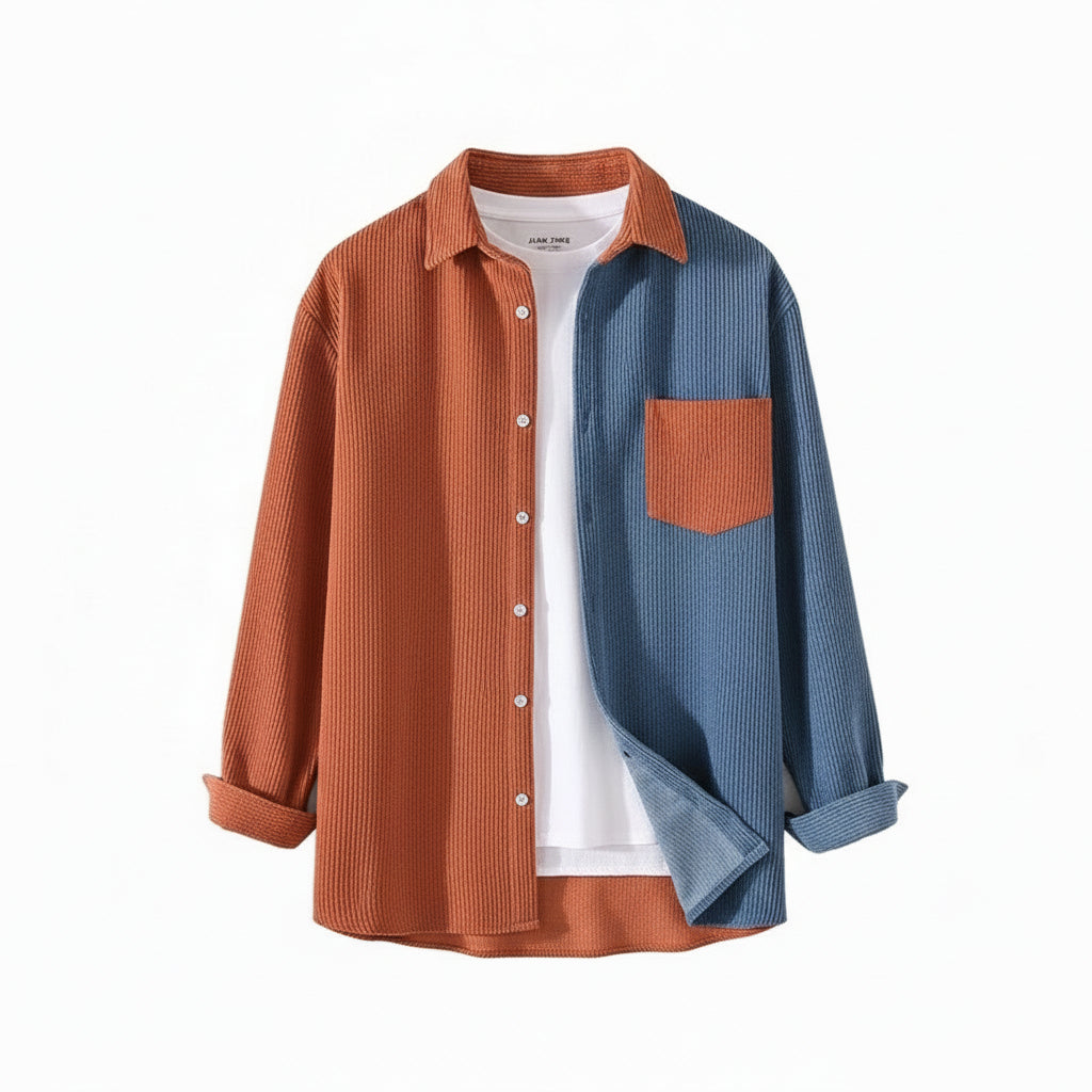 Men's Corduroy Long Sleeve Shirt - Casual Color Block Button Down Shirt