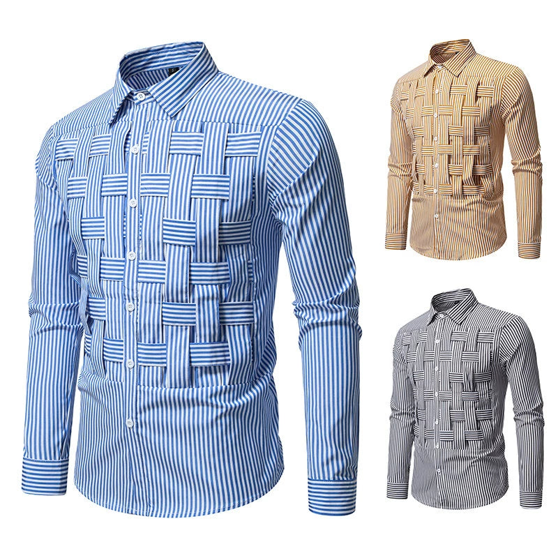 Men's Striped Woven Plaid Shirt - Long Sleeve Casual Designer Style