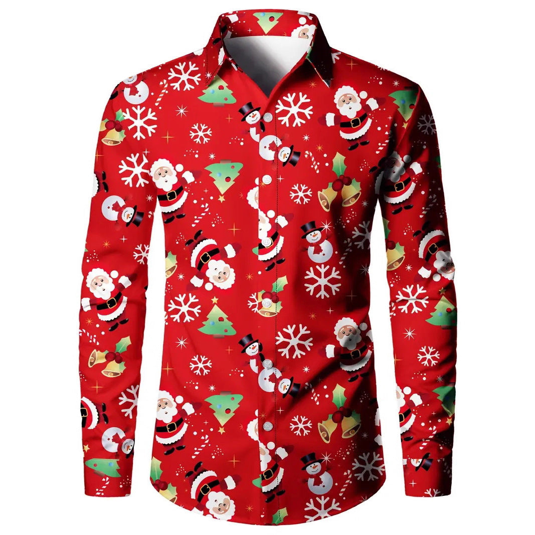 Men's Christmas 3D Digital Print Shirt - Long Sleeve Holiday Casual Shirt