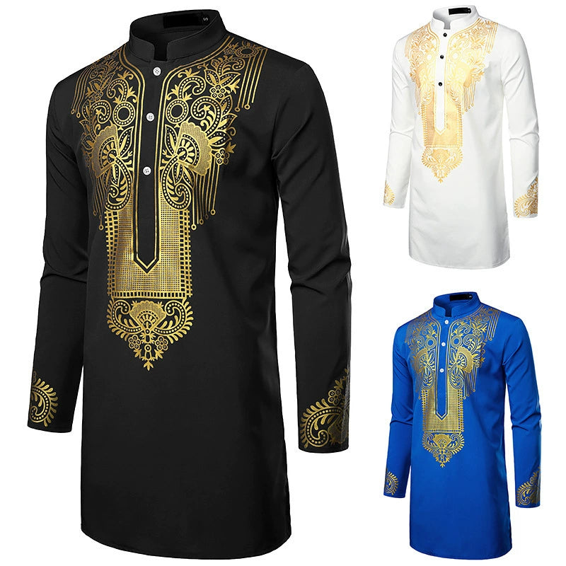 Men's African Totem Print Shirt - Long Sleeve Ethnic Pattern by Global Dress Shirts