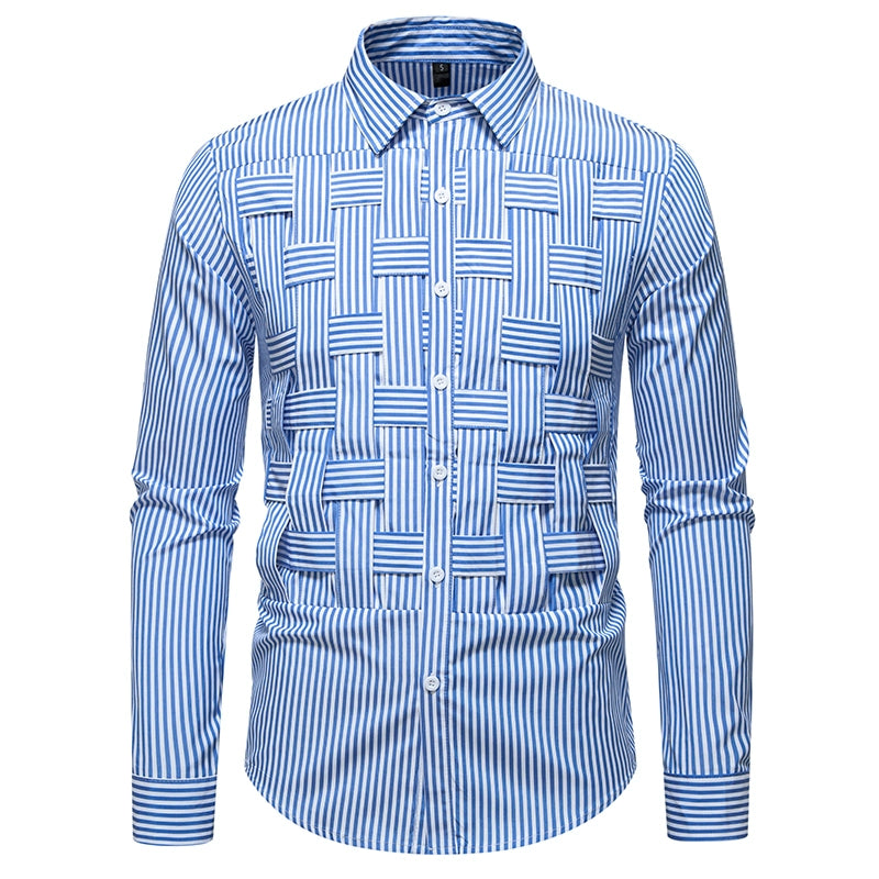 Men's Striped Woven Plaid Shirt - Long Sleeve Casual Designer Style