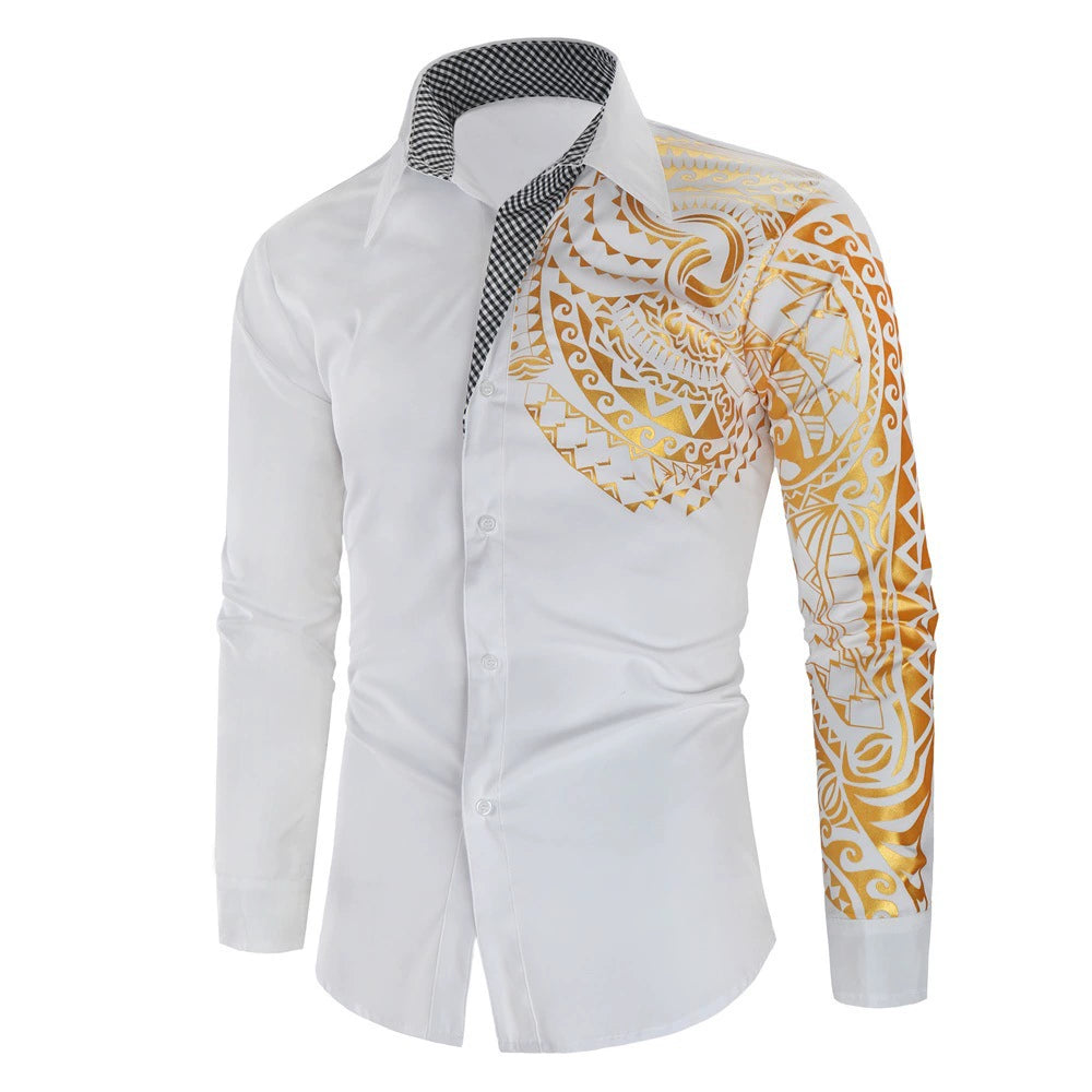 Men's Totem Print Metallic Shirt - Long Sleeve Gold Foil Pattern by Global Dress Shirts