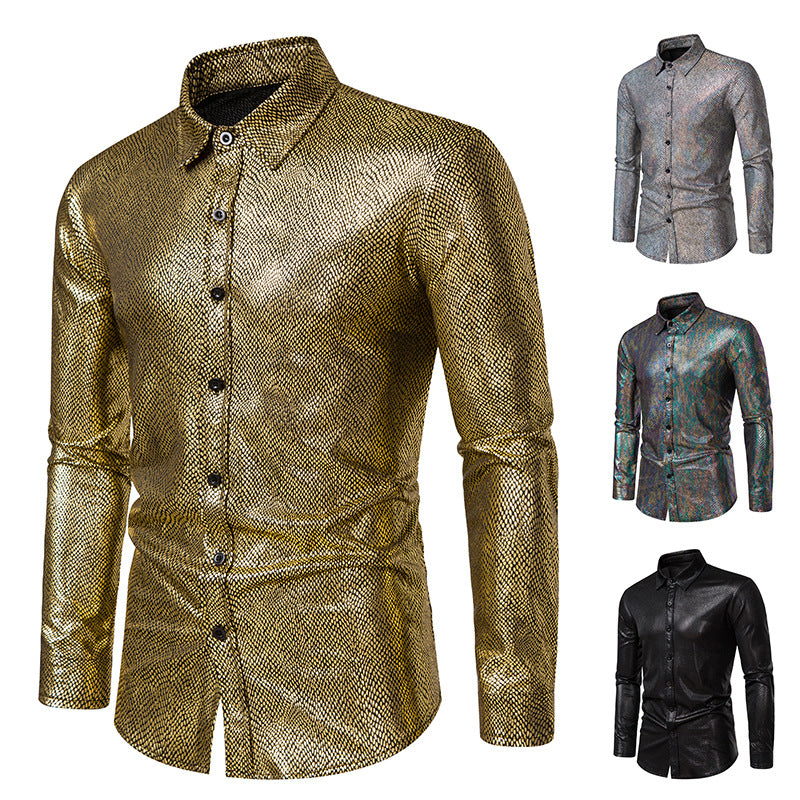 Men's Snakeskin Print Metallic Shirt - Long Sleeve Stage Performance Shirt