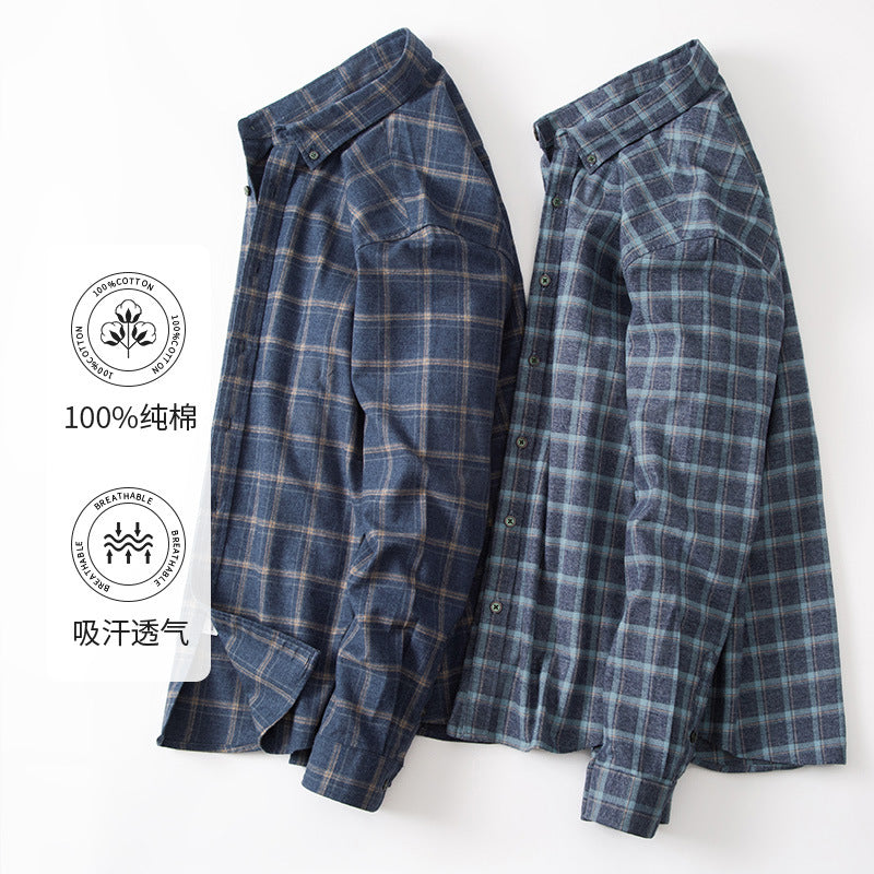 Men's Premium Cotton Brushed Plaid Shirt - Wrinkle-Free Long Sleeve