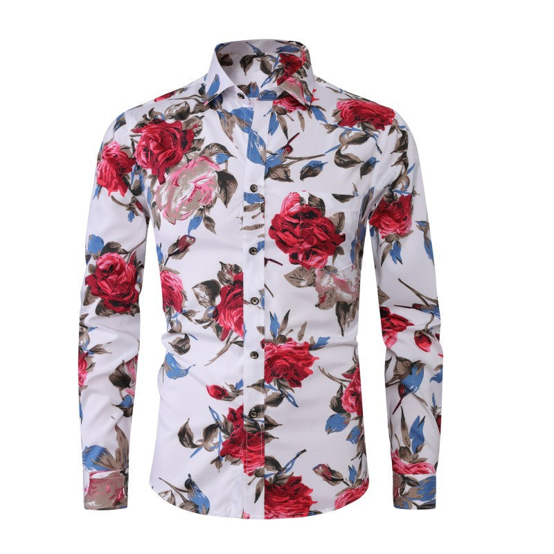 Men's Floral Print Patchwork Shirt - Long Sleeve Color Block Casual Shirt
