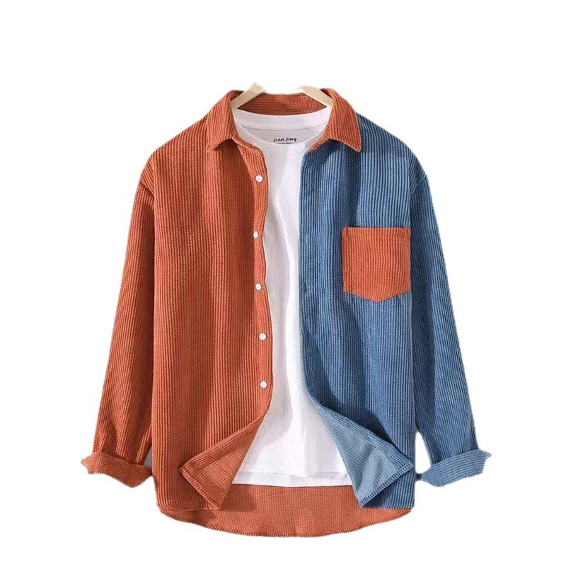 Men's Corduroy Long Sleeve Shirt - Casual Color Block Button Down Shirt