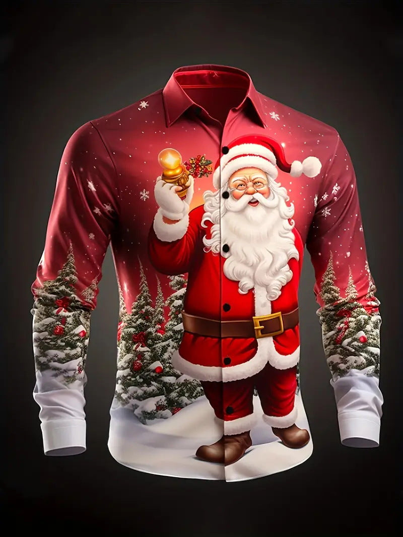Men's Christmas 3D Digital Print Shirt - Long Sleeve Holiday Casual Shirt