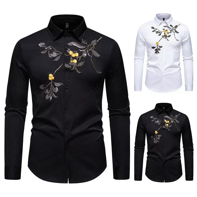 Men's Floral Embroidered Shirt - Long Sleeve Business Casual