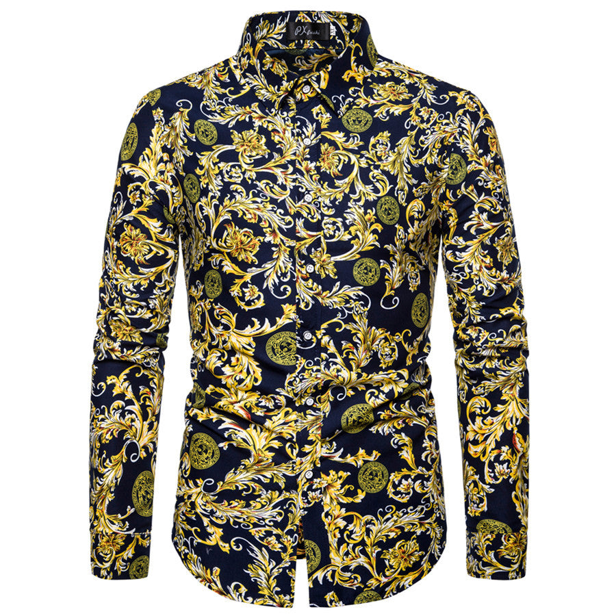 Men's Floral Print Shirt - Long Sleeve Korean Style Plus Size