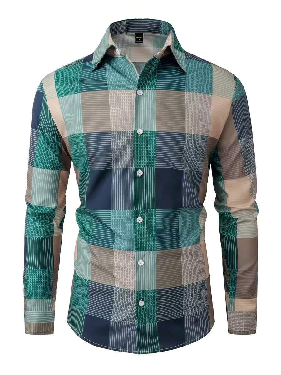Men's Plaid Digital Print Shirt - Casual Long Sleeve Button-Up
