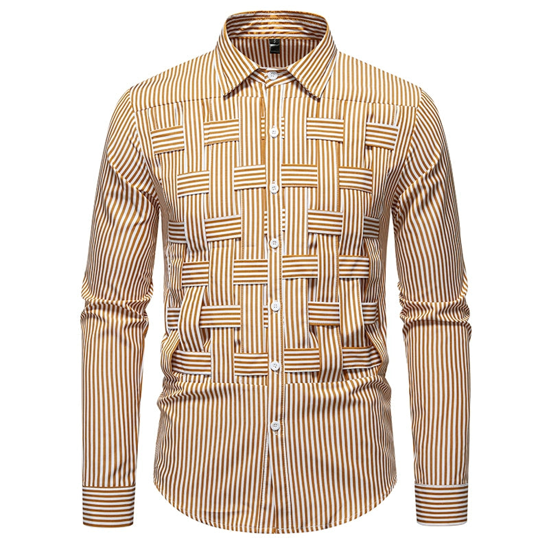 Men's Striped Woven Plaid Shirt - Long Sleeve Casual Designer Style