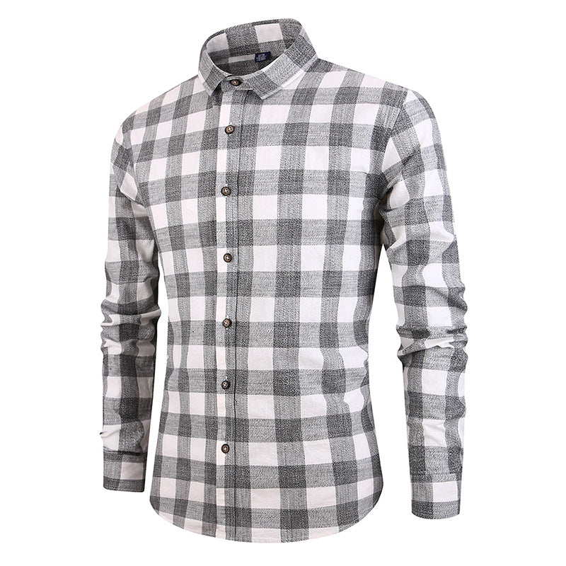 Men's Cotton Plaid Long Sleeve Shirt - Slim Fit Casual Dress Shirt