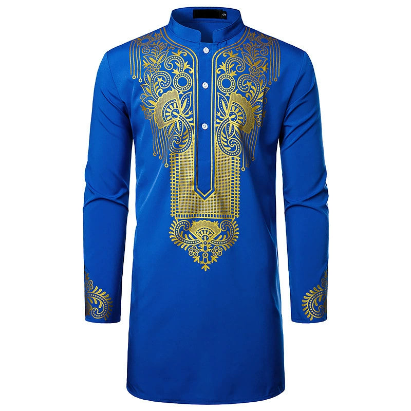Men's African Totem Print Shirt - Long Sleeve Ethnic Pattern by Global Dress Shirts