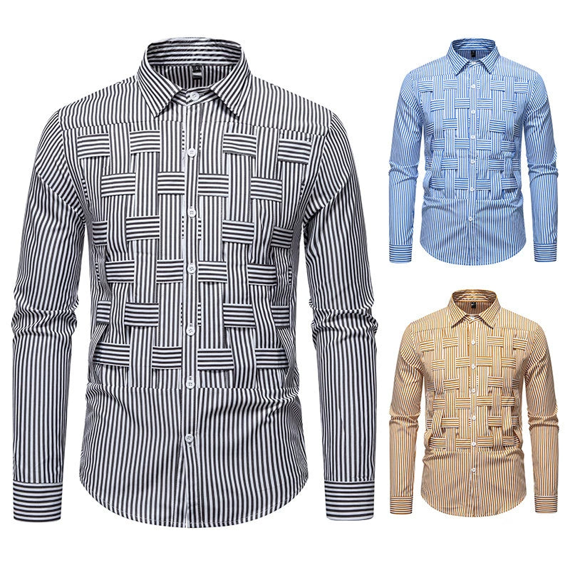 Men's Striped Woven Plaid Shirt - Long Sleeve Casual Designer Style